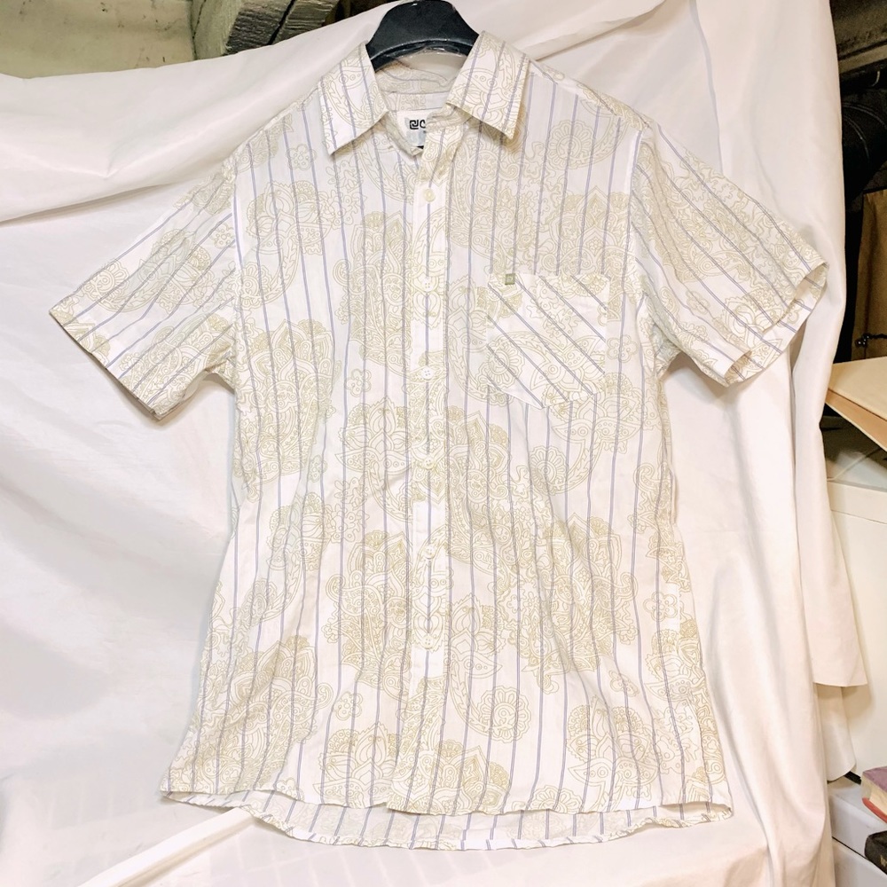 Men’s SzSmall “CARBON” white/gold paisley print/blue pin stripe button down tee